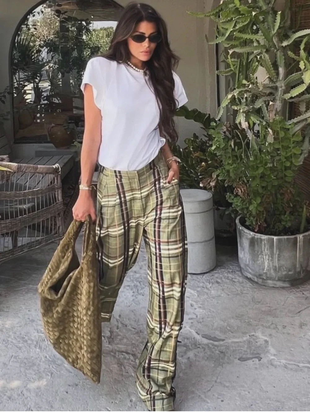 ZARA Blogger Favorite Green Linen Plaid Pants Trousers Academia Small